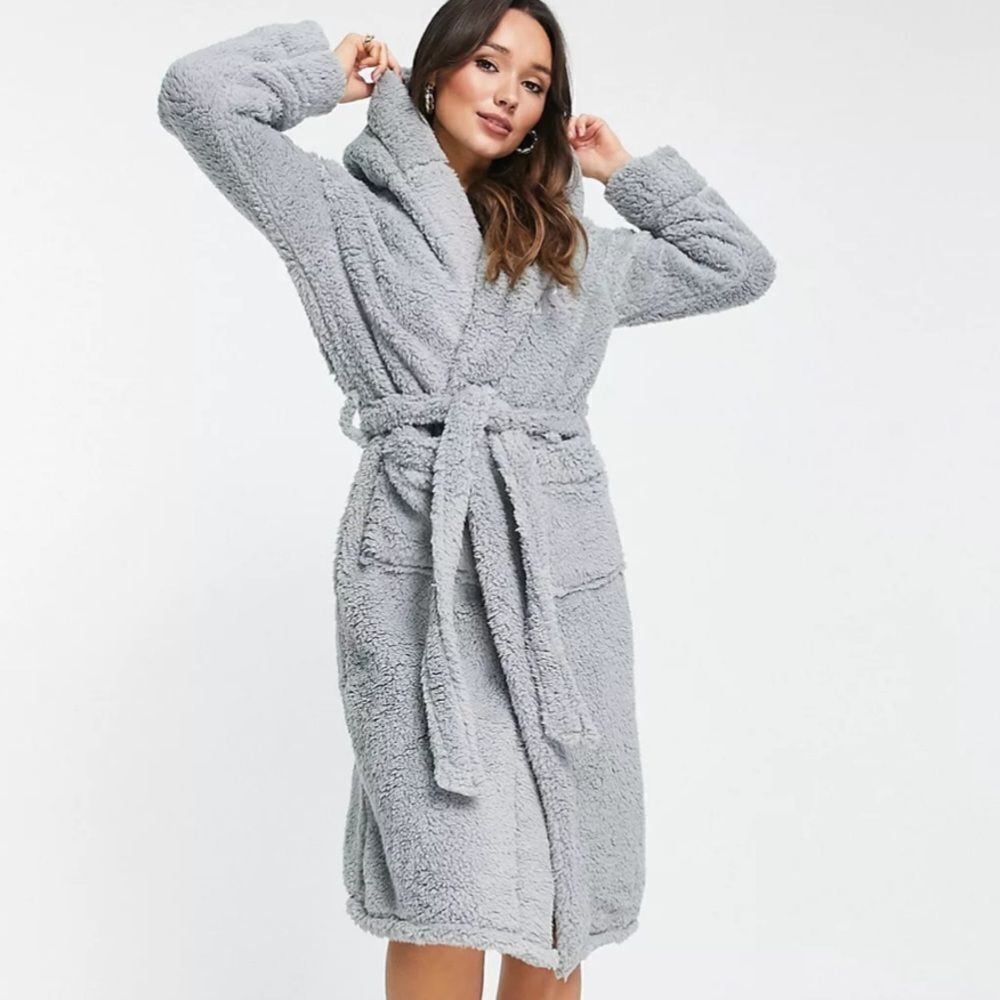 River Island sherpa cosy hooded dressing gown in grey L NWT in packag unopened